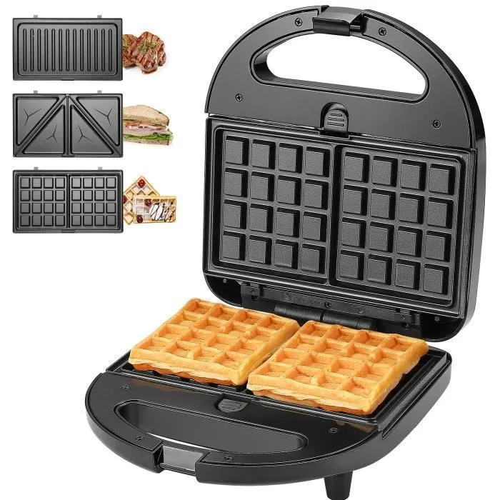 KotiCidsin Gaufrier multifonction, Croque Monsieur, Grill et Gaufrier 3 en 1, Grande Puissance de 750W, Noir